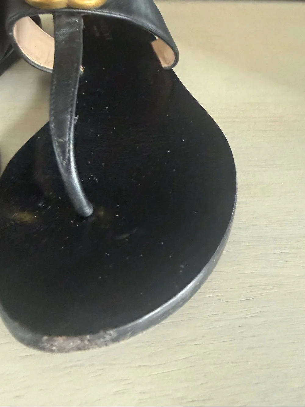 Authentic Gucci Black Leather GG Gold-Logo Thong Sandals